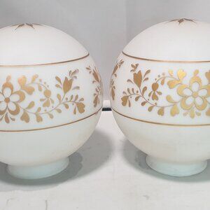 Vintage Pair White Glass Globe Ceiling Light Fixture Shades Gold Floral Design
